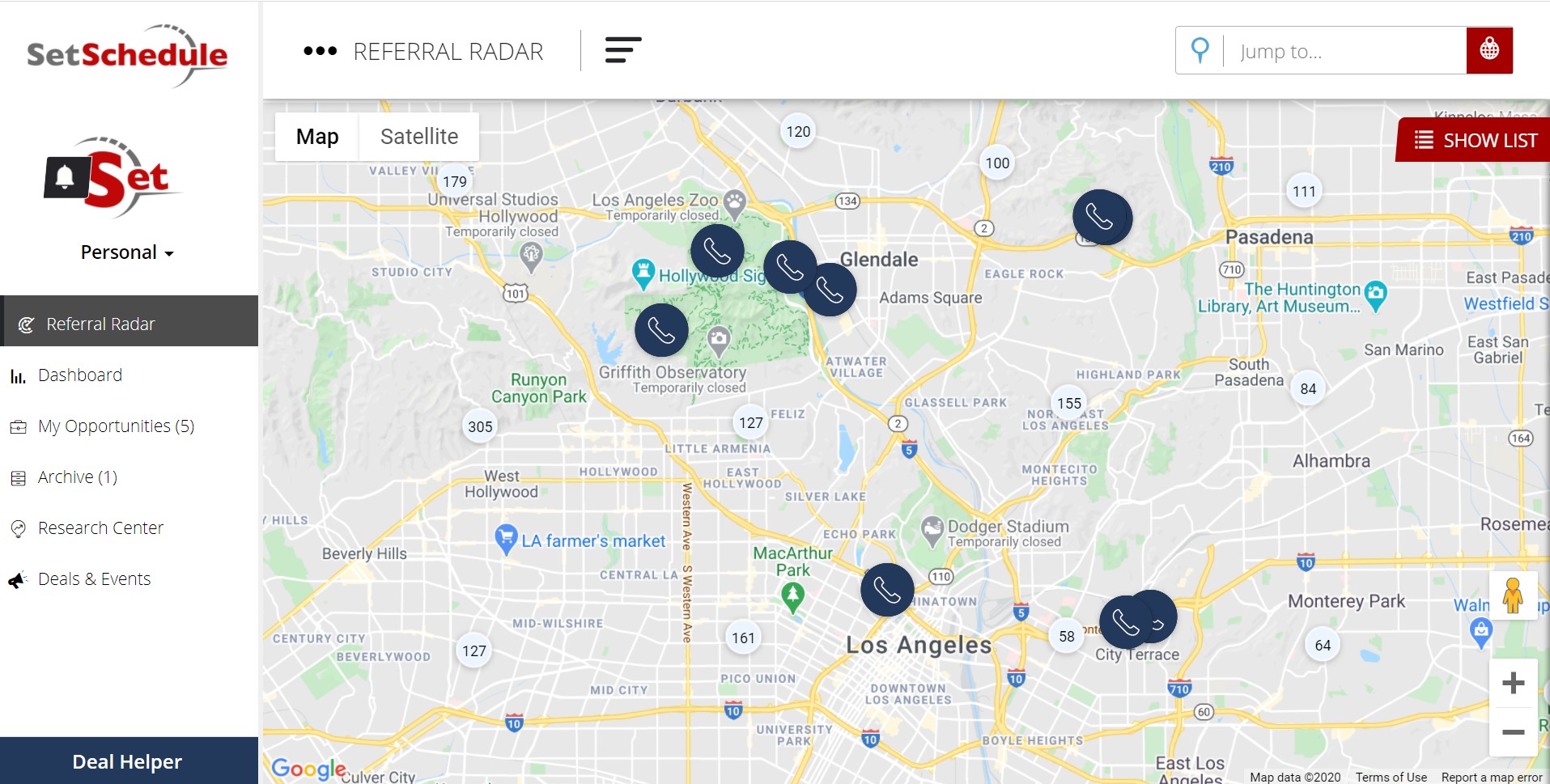 SetSchedule Referral Radar showing icons of leads on the platform